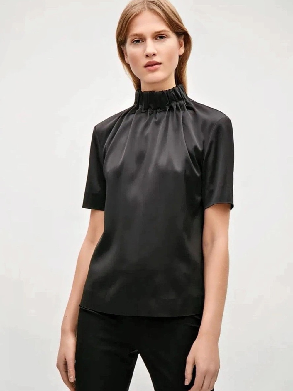 COS Black Satin Gathered High Neck Blouse Top EU 36/S